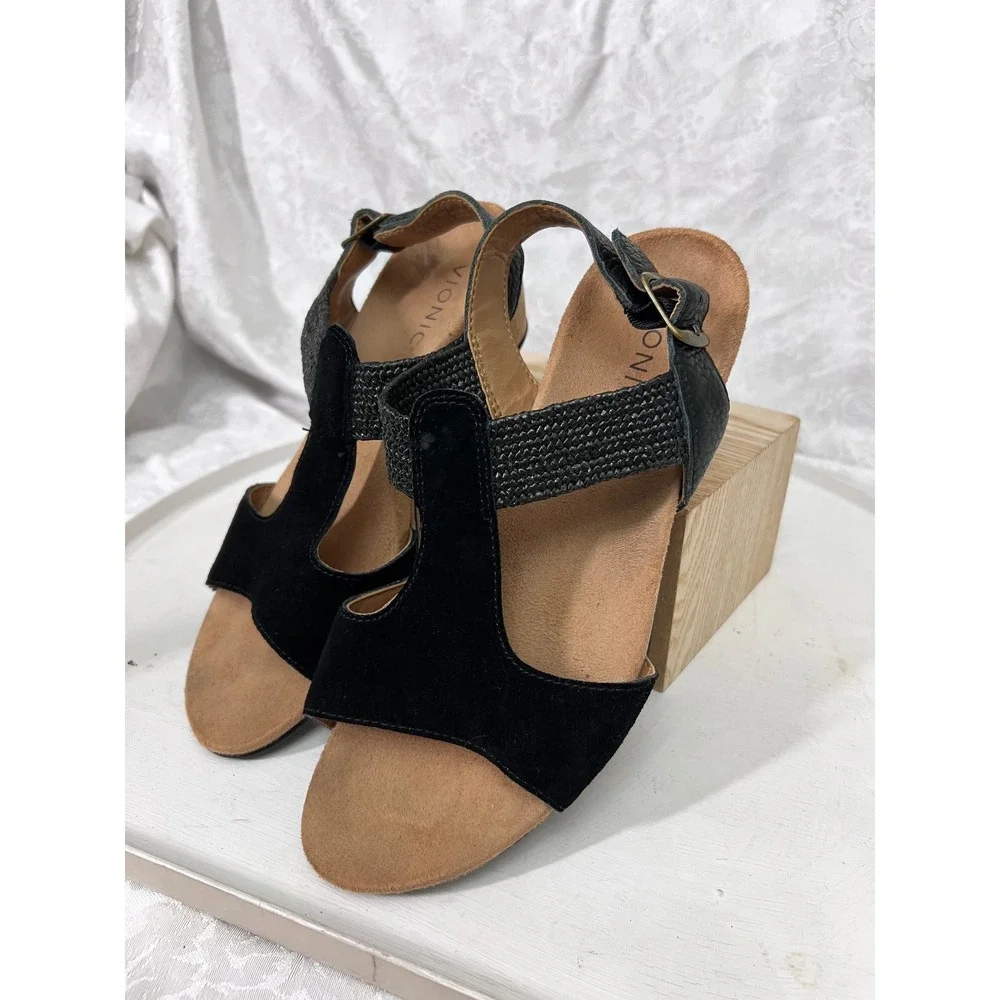 Vionic Kaytie Black Suede Leather Cork Wedge T-Strap Sandals Womens 9 JH:02-2023